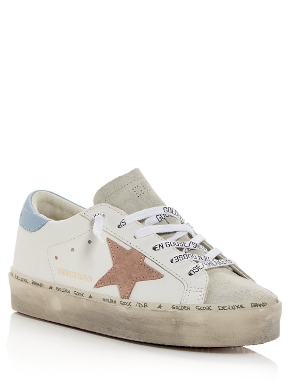 Golden Goose White Leather Sneakers with Pink Star and Blue Heel Hi Star